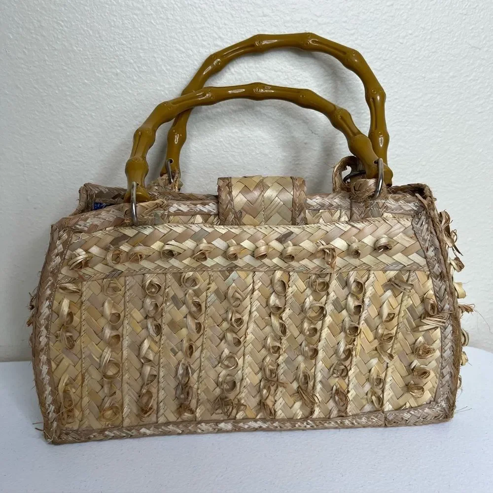 Vintage Handmade Tan Straw Satchel Handbag Faux Bamboo Handles Floral Lining
